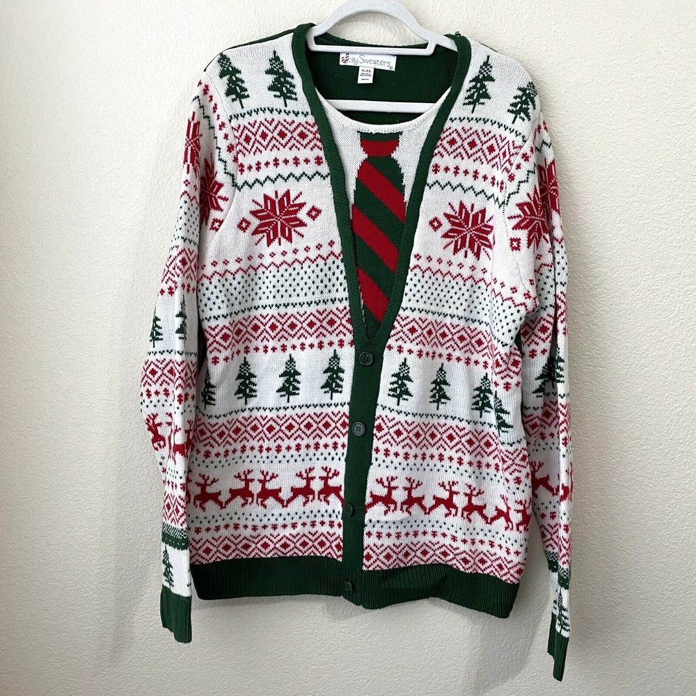 Ugly Christmas Sweater Mens Size XL Pullover Necktie Snowflake Deer Green Red